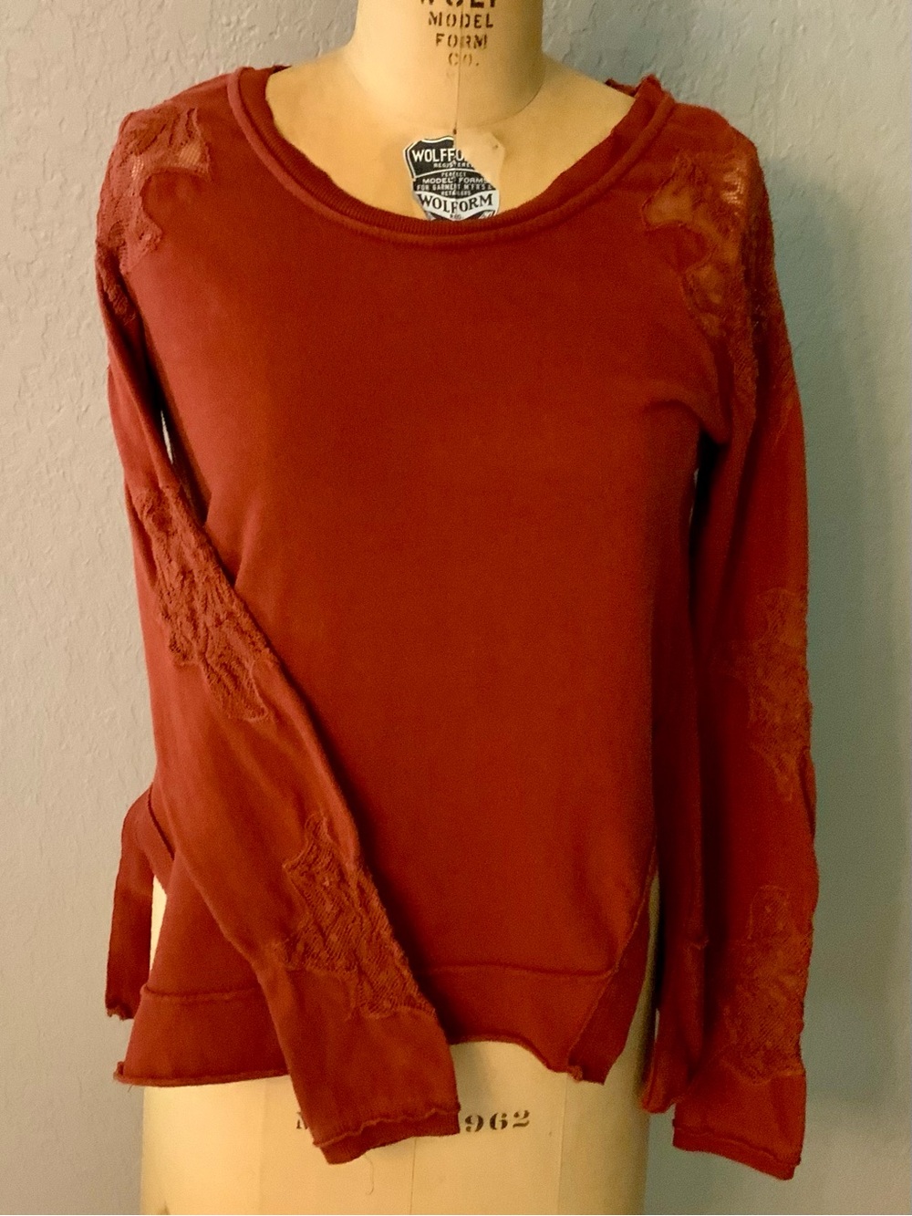 Free People “Outer Sunset Grampa Jersey “ Rust Lace-Sleeve Long Sleeve Tee